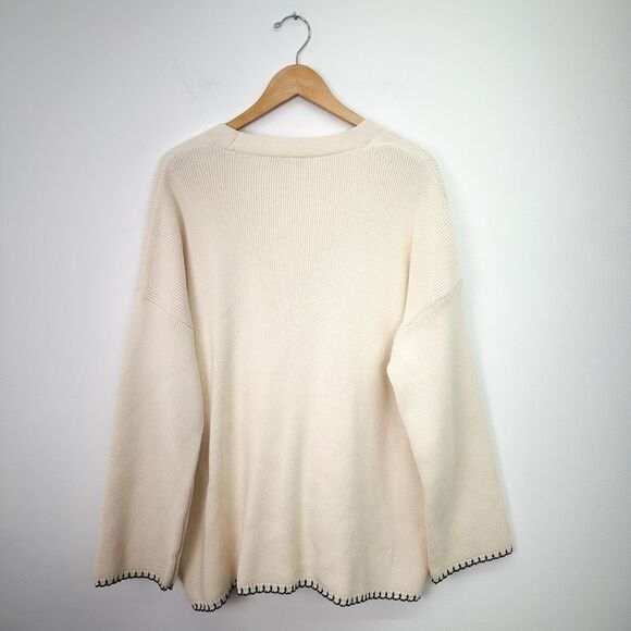 Zara Women’s Cream Black Contrasting Topstitch Oversized Pocket Cardigan Sweater - Picture 3 of 16